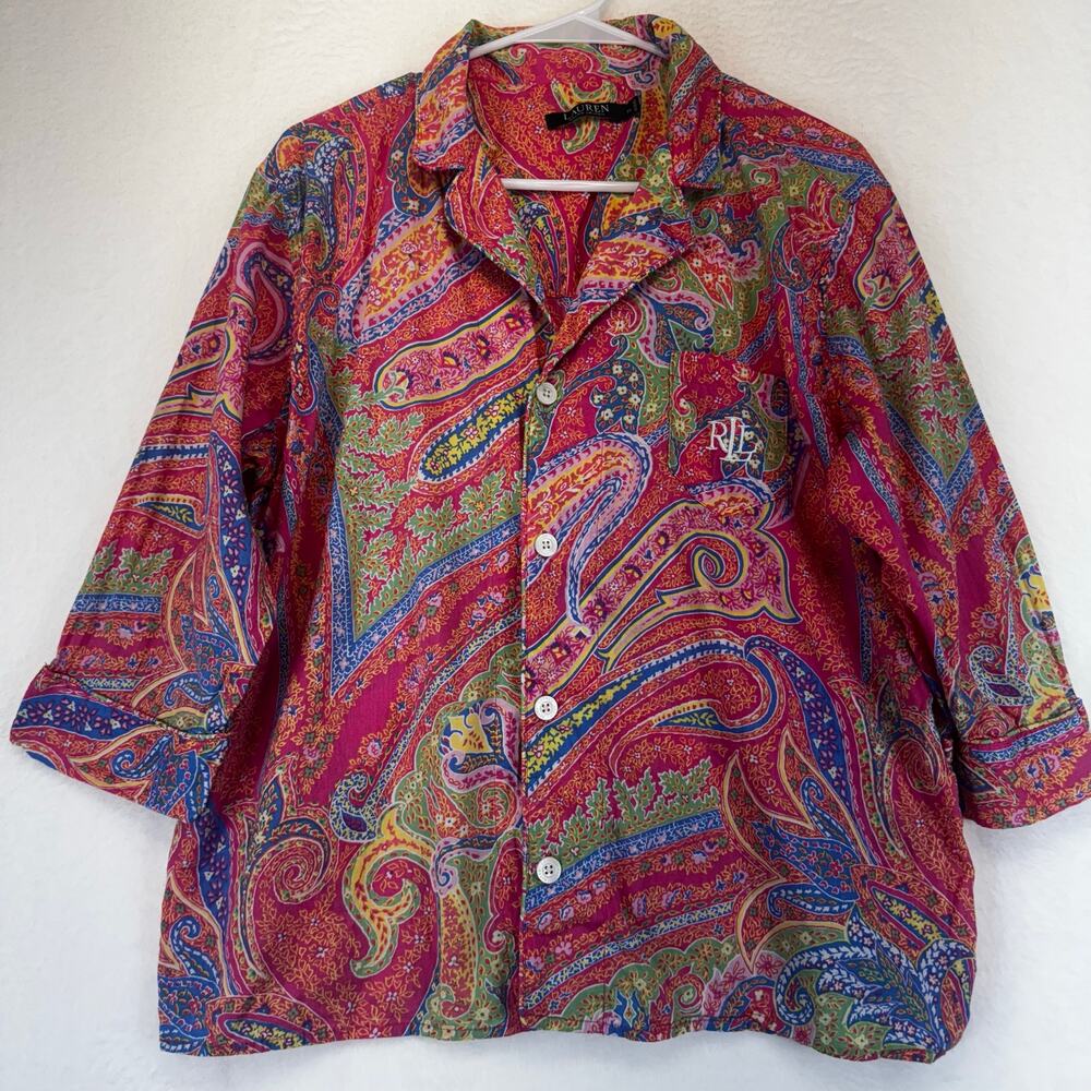 Lauren Ralph Lauren Top Size XL Pink‎ Blue Paisley Button Front Cotton Shirt
